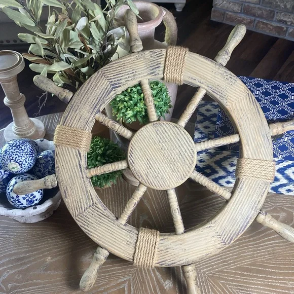 NEW!  Rustic Wood & Jute Accented Captain Ship Boat Wheel Coastal Beach Decor - Picture 6 of 8